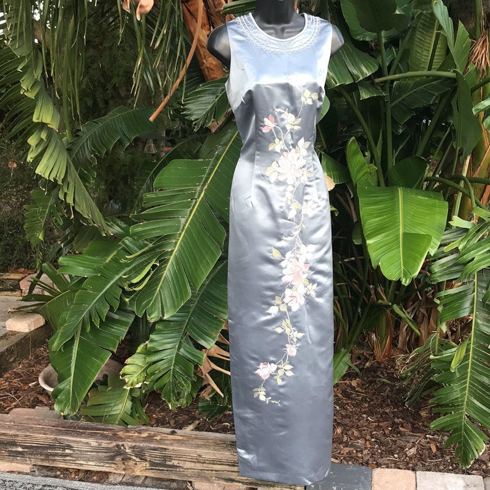 Embroidered satin column maxi dress or CheongSam